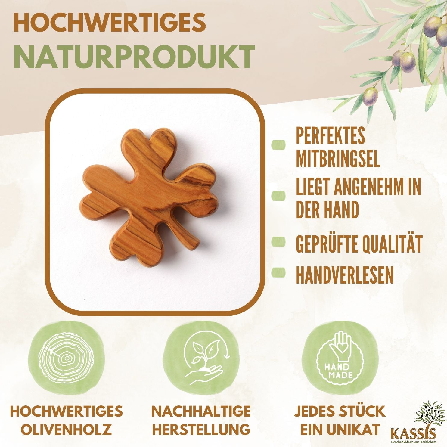 Kleeblatt als Glücksbringer aus Olivenholz
