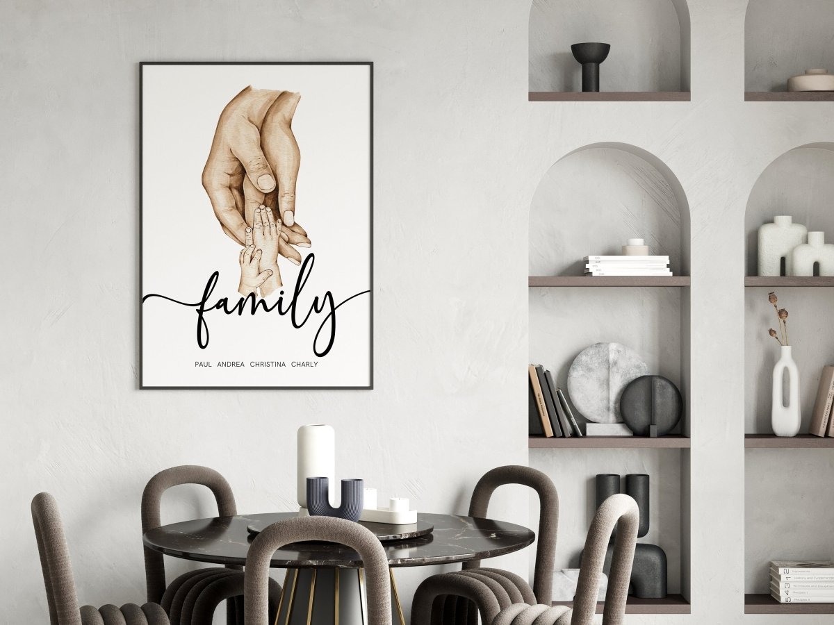 Familienposter mit Händen Personalisiere Namen I Haltende Hände I Wohnzimmer Schlafzimmer Bilder I Wand Deko I Kunstdruck I  ohne Rahmen