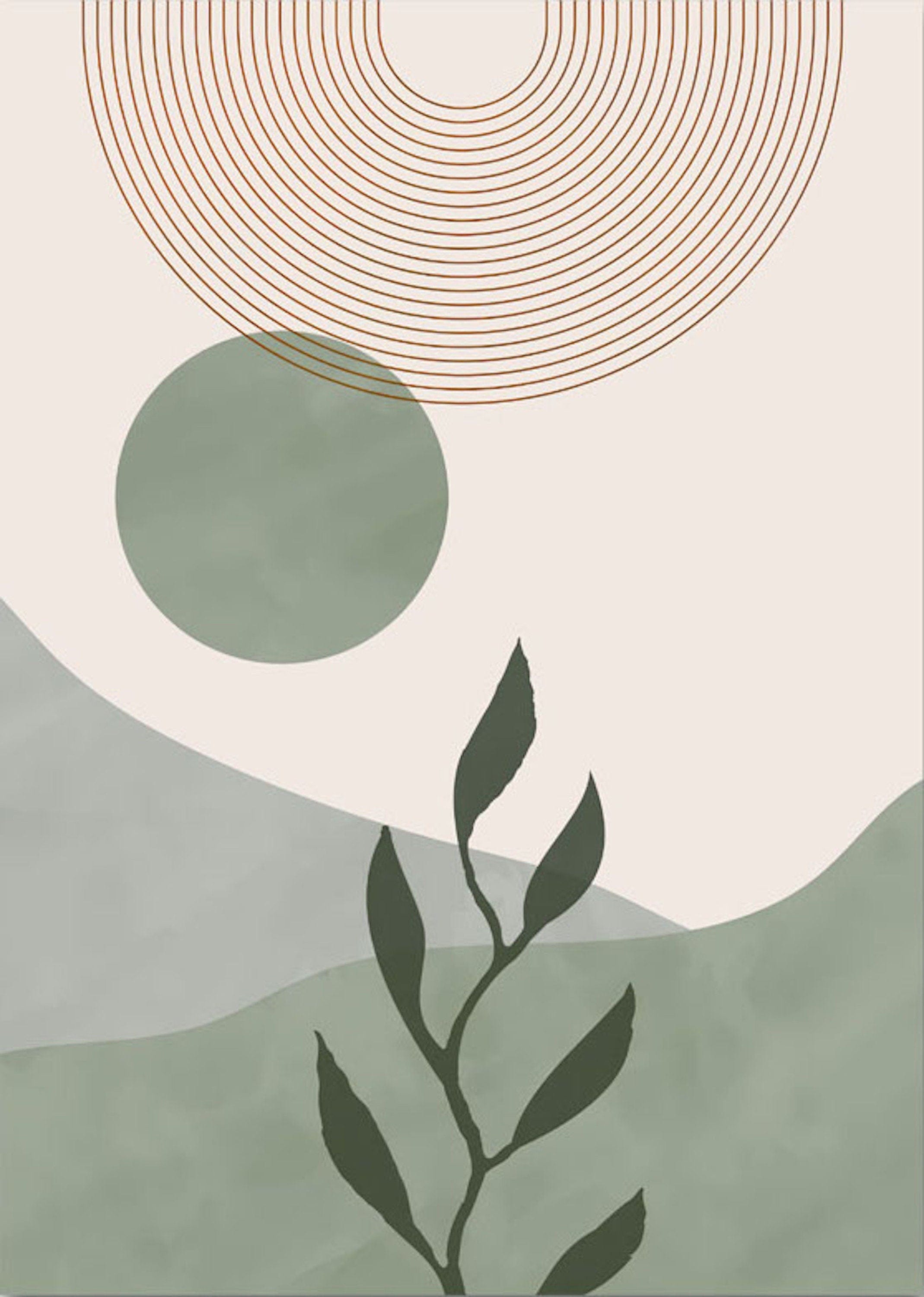 Poster Blätter Boho Geometrische Formen Grün | Bilder Wohnzimmer | Wandbilder Schlafzimmer | Deko Print ohne Rahmen | Bilder Set Kunstdruck
