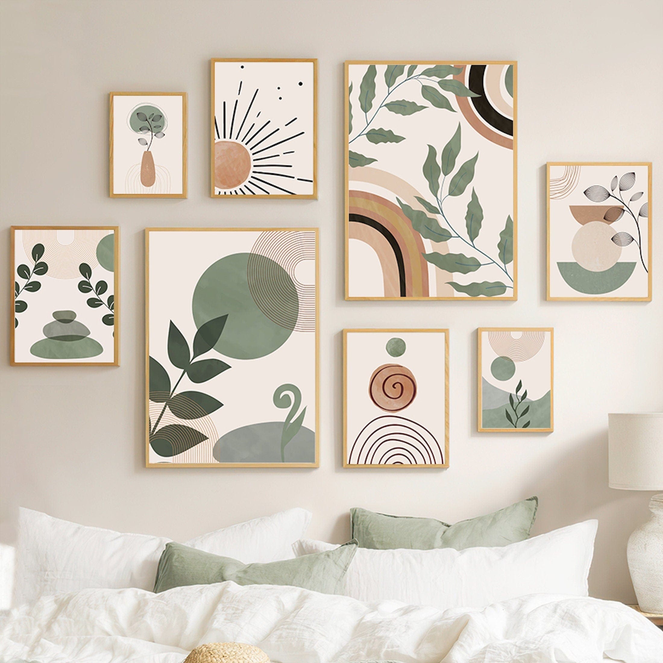 Poster Blätter Boho Geometrische Formen Grün | Bilder Wohnzimmer | Wandbilder Schlafzimmer | Deko Print ohne Rahmen | Bilder Set Kunstdruck